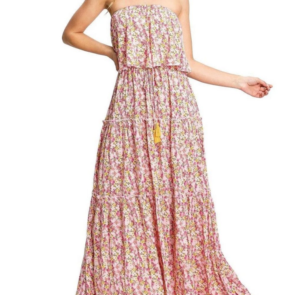 Aakaa summer floral print strapless maxi dress